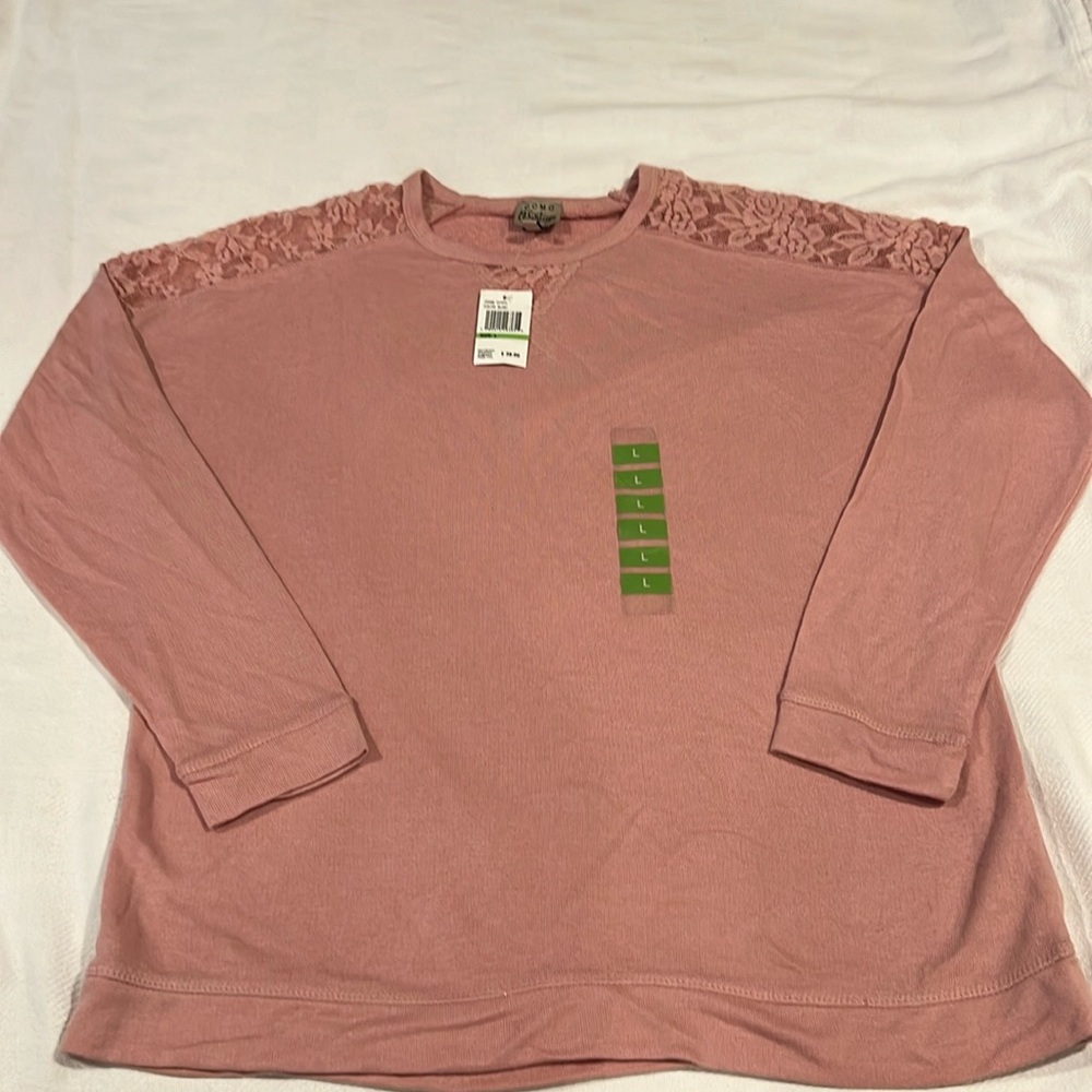 NWT Blush colored long sleeve top with lace shoulders